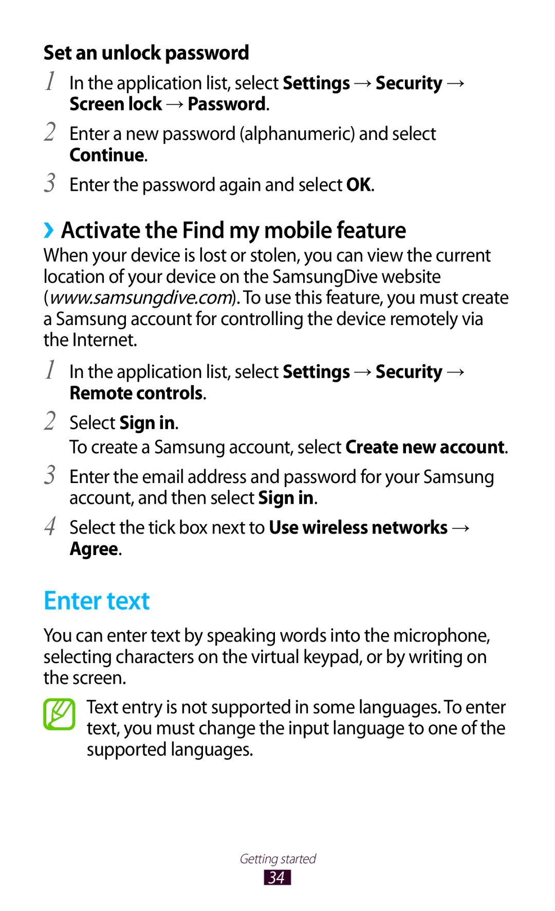 Samsung GT-P6210MAAEUR Enter text, ››Activate the Find my mobile feature, Screen lock → Password, Remote controls, Agree 