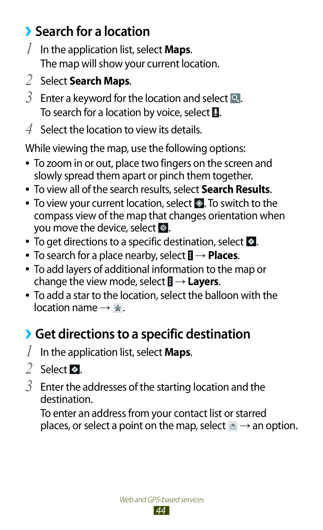 Samsung GT-P6210MAAFOP manual Search for a location, ››Get directions to a specific destination, Select Search Maps 