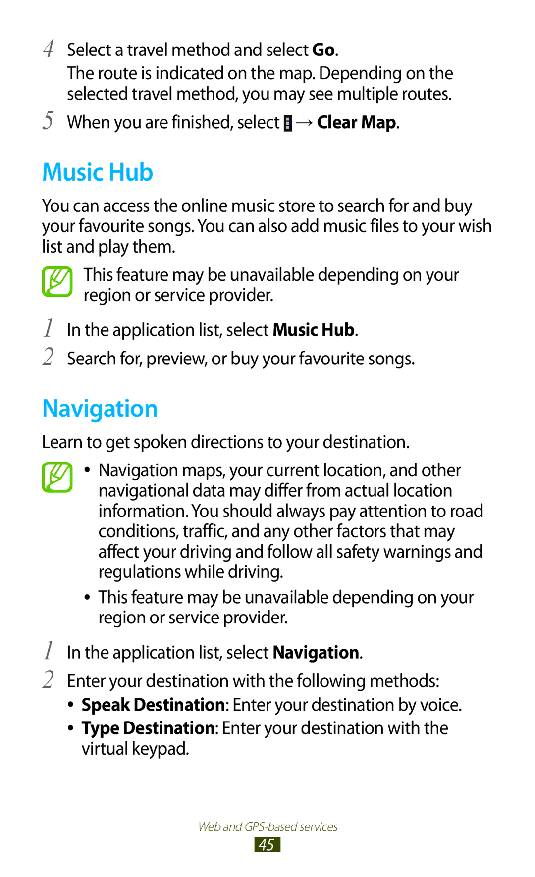 Samsung GT-P6210UWABGL, GT-P6210ZWAXEF, GT-P6210MAAXEF manual Music Hub, Navigation, Select a travel method and select Go 