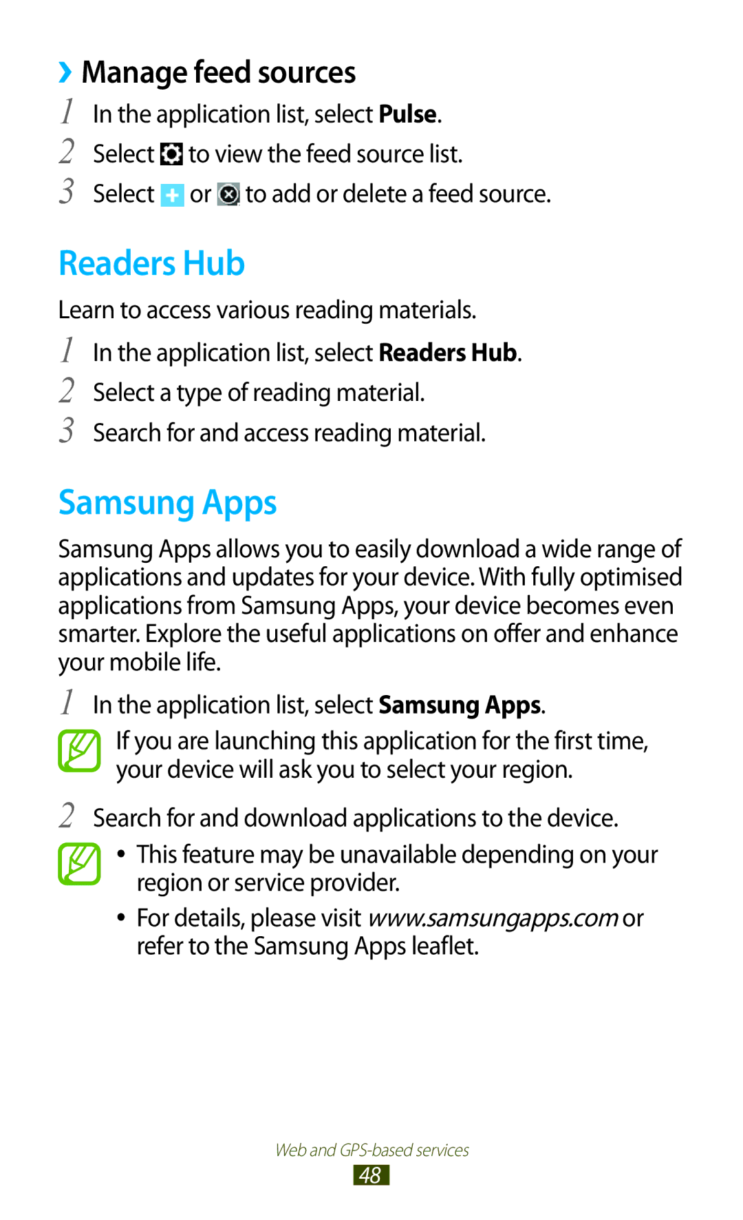 Samsung GT-P6210UWASER manual Readers Hub, Samsung Apps, ››Manage feed sources, Select or to add or delete a feed source 