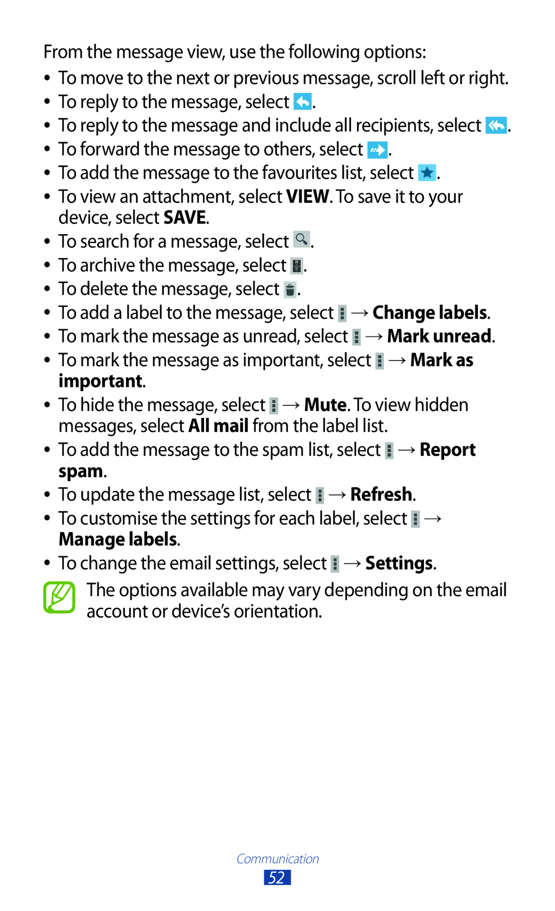 Samsung GT-P6210ZWAXEF, GT-P6210MAAXEF, GT-P6210UWAXEF manual To add the message to the spam list, select → Report, Spam 