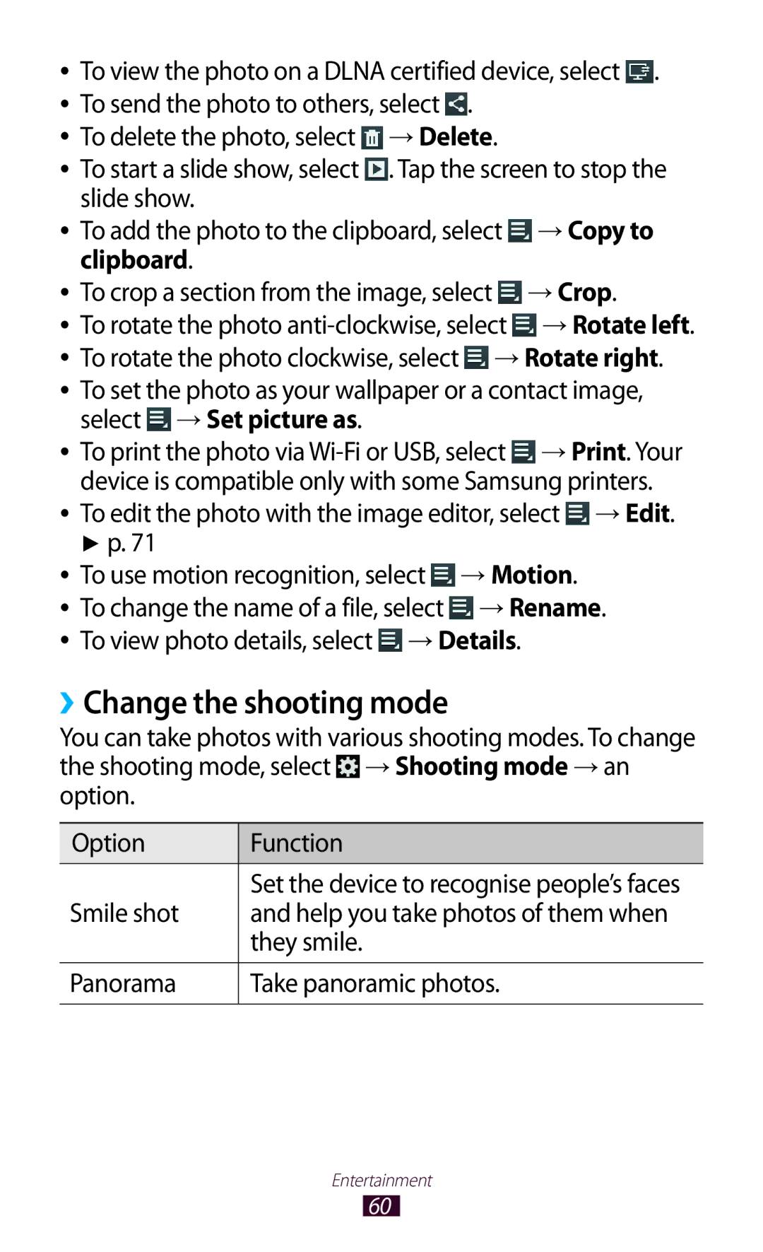 Samsung GT-P6210MAAEUR manual ››Change the shooting mode, → Delete, → Copy to, Clipboard → Crop, Select → Set picture as 