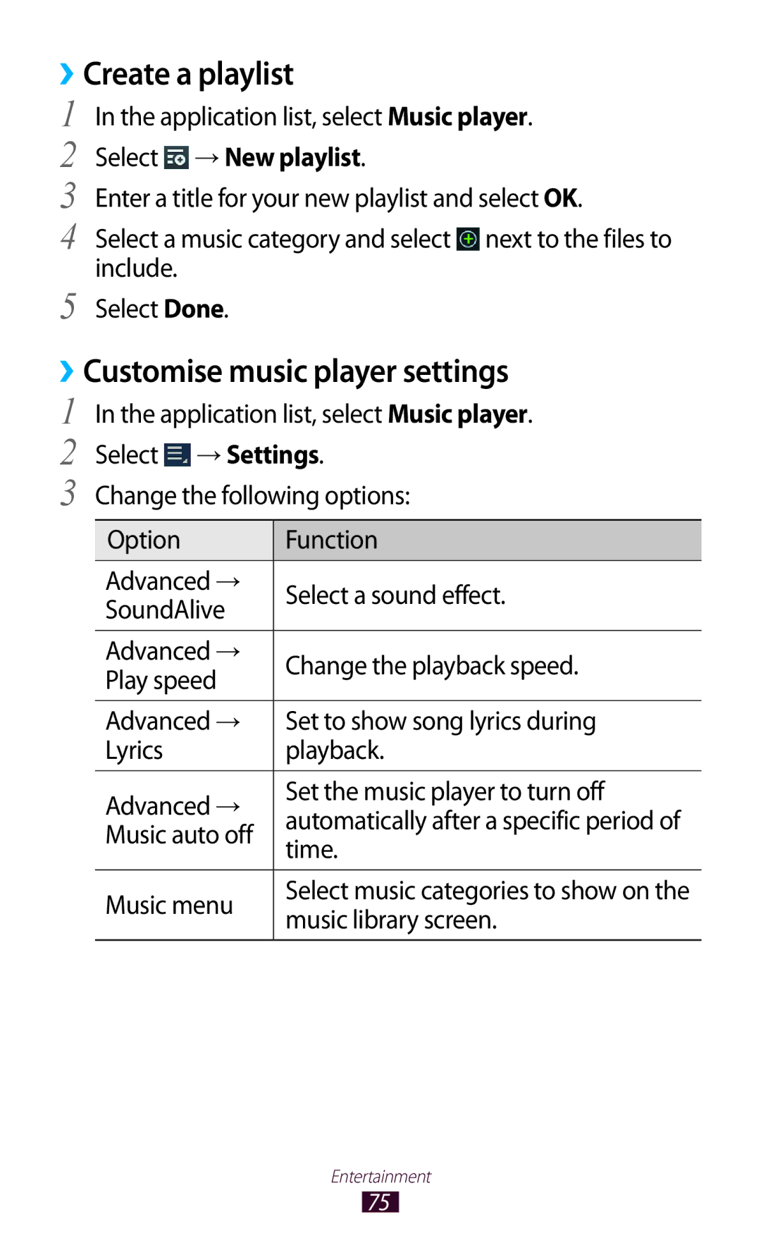 Samsung GT-P6210UWESER, GT-P6210ZWAXEF manual Create a playlist, ››Customise music player settings, Select → New playlist 