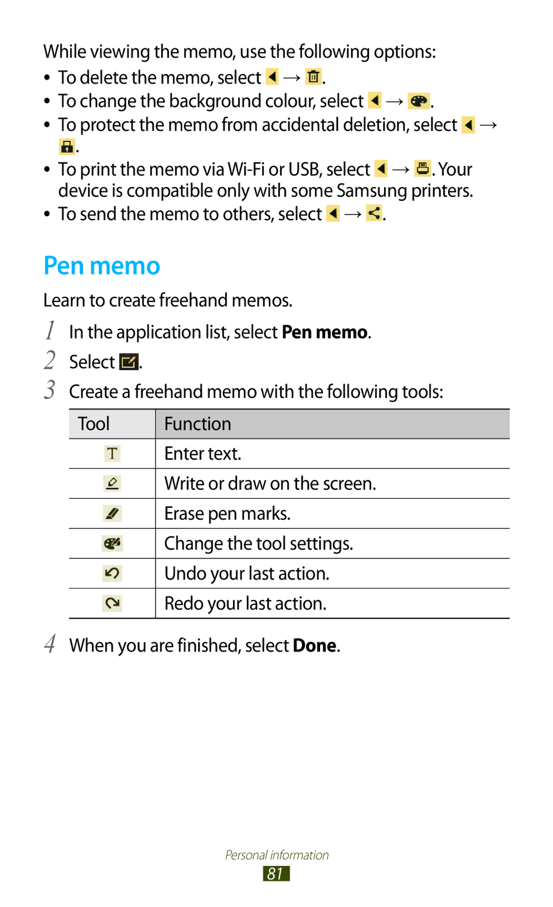 Samsung GT-P6210ZWAFOP, GT-P6210ZWAXEF, GT-P6210MAAXEF, GT-P6210UWAXEF manual Pen memo, To send the memo to others, select → 