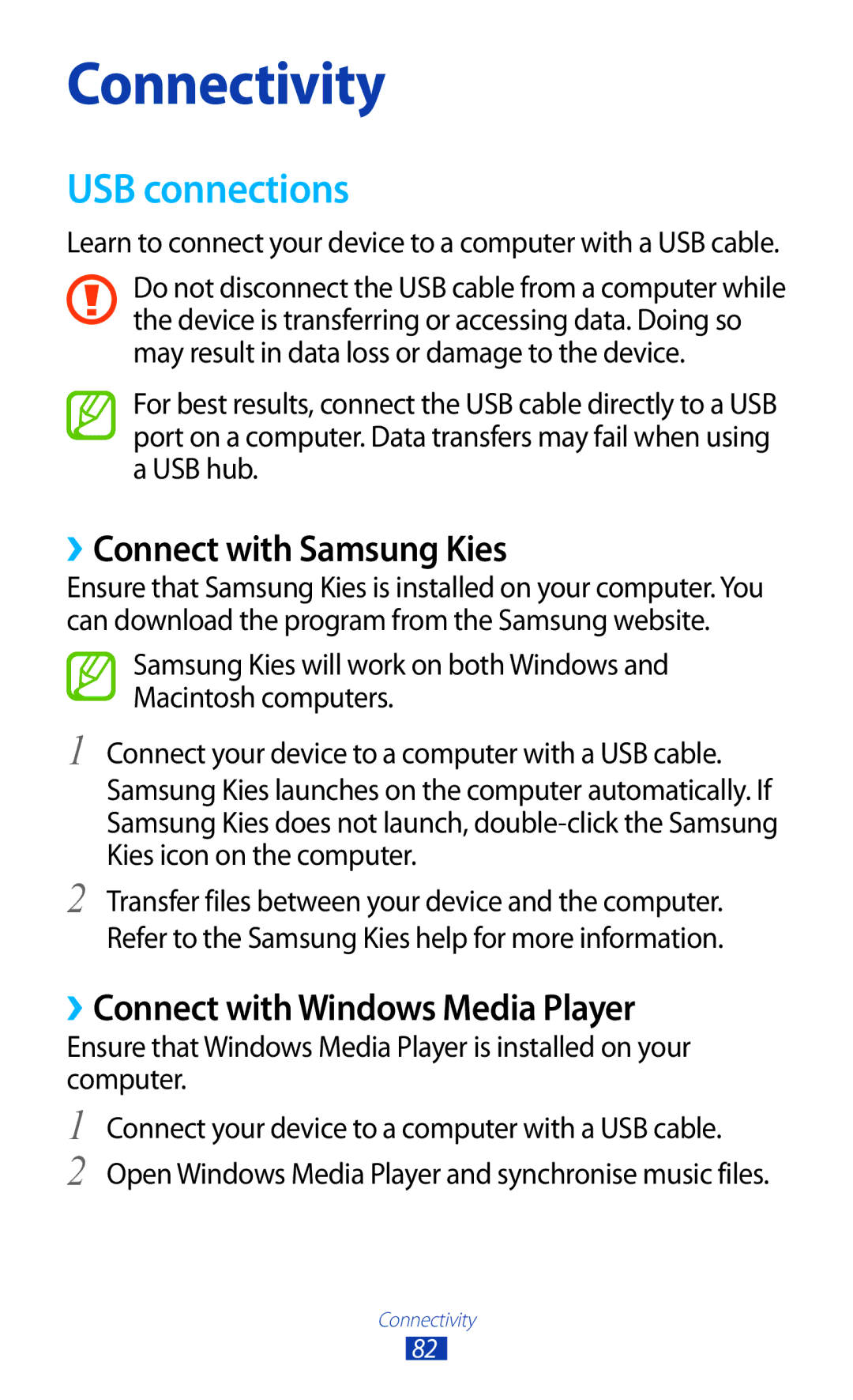 Samsung GT-P6210UWAFOP, GT-P6210ZWAXEF USB connections, ››Connect with Samsung Kies, ››Connect with Windows Media Player 