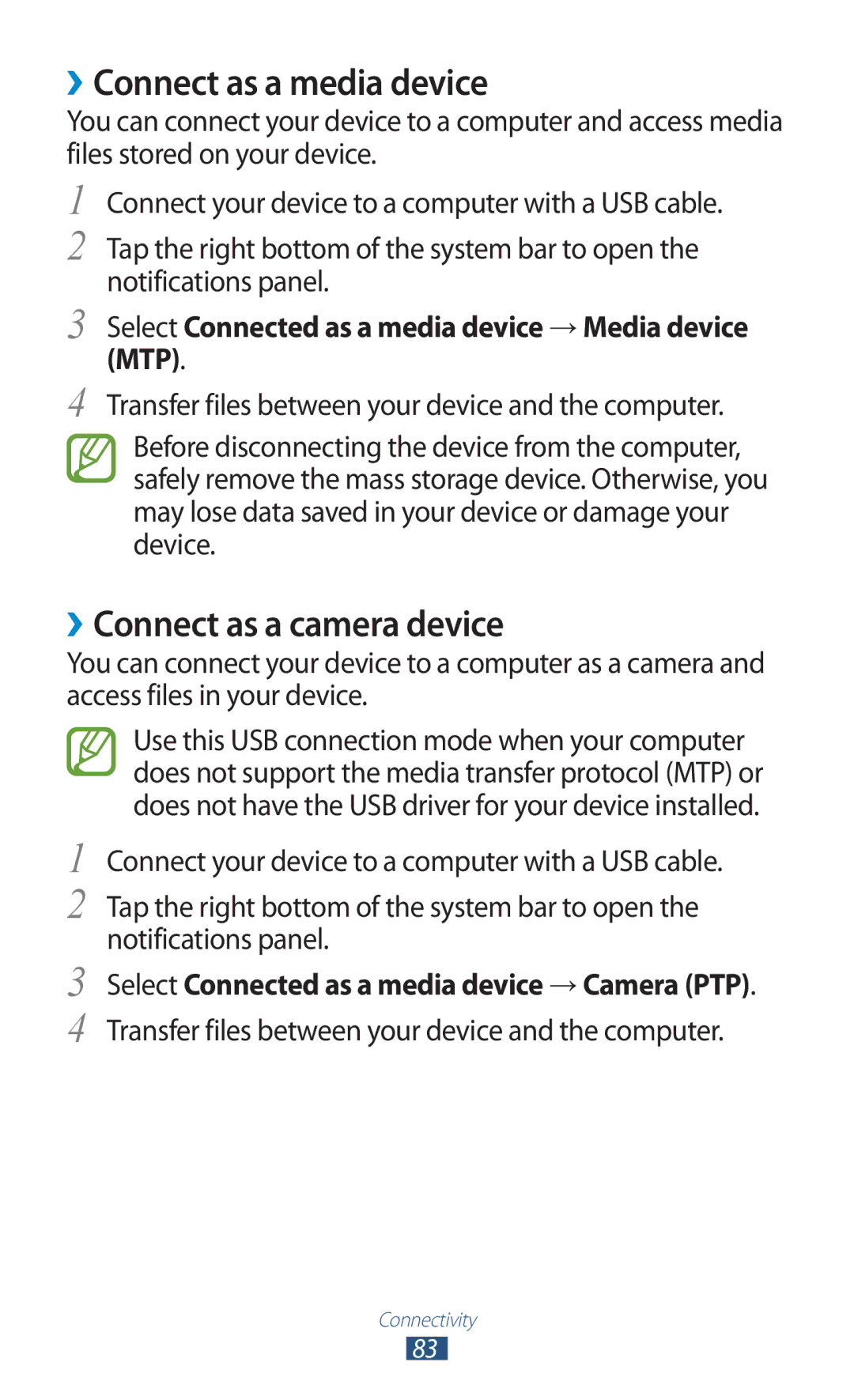 Samsung GT-P6210MAAFOP, GT-P6210ZWAXEF, GT-P6210MAAXEF manual ››Connect as a media device, ››Connect as a camera device 