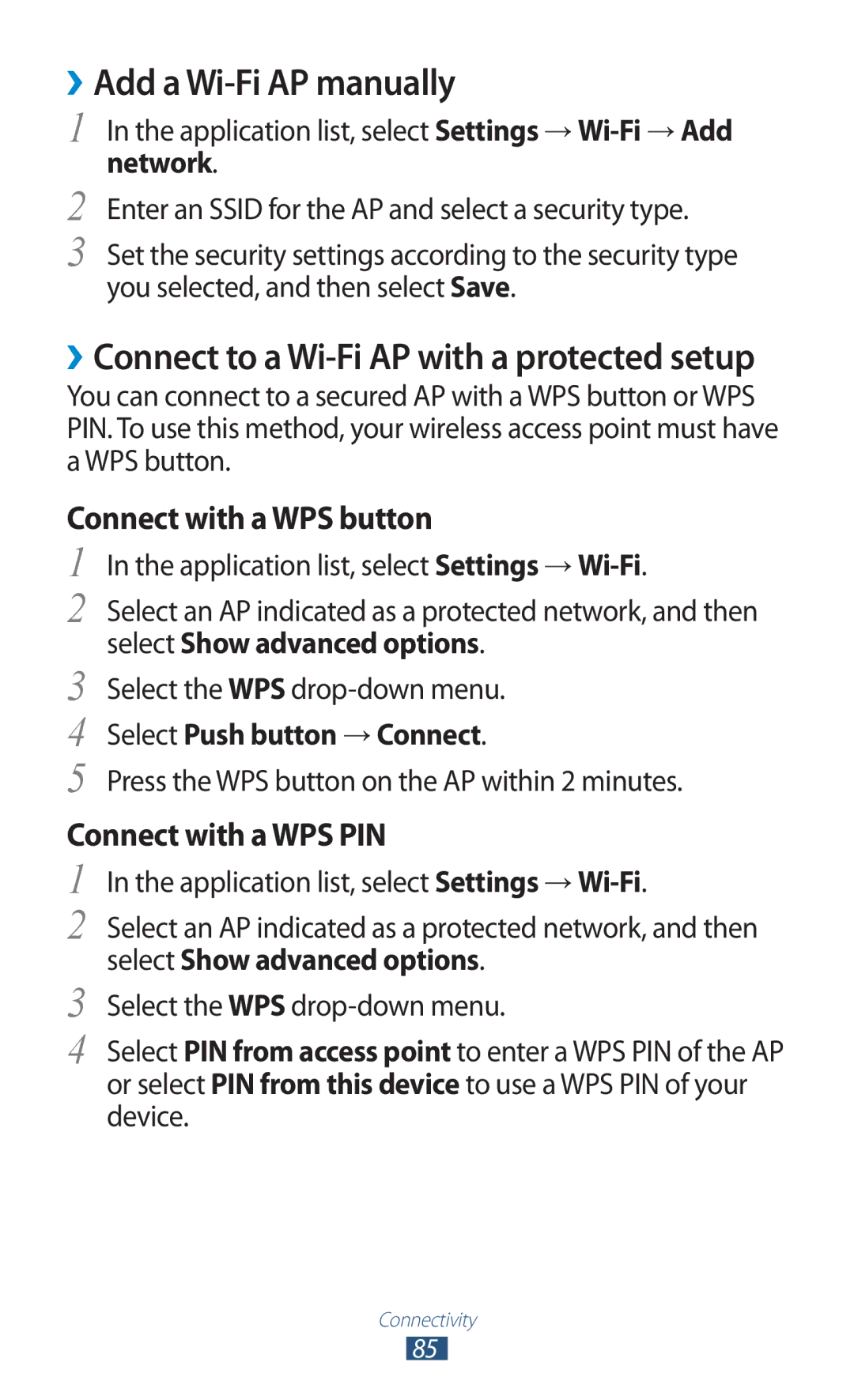 Samsung GT-P6210UWASEB, GT-P6210ZWAXEF, GT-P6210MAAXEF ››Add a Wi-Fi AP manually, Select Push button → Connect 