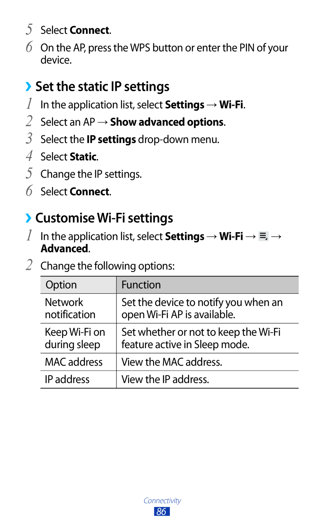 Samsung GT-P6210MAAEUR, GT-P6210ZWAXEF, GT-P6210MAAXEF manual ››Set the static IP settings, ››Customise Wi-Fi settings 