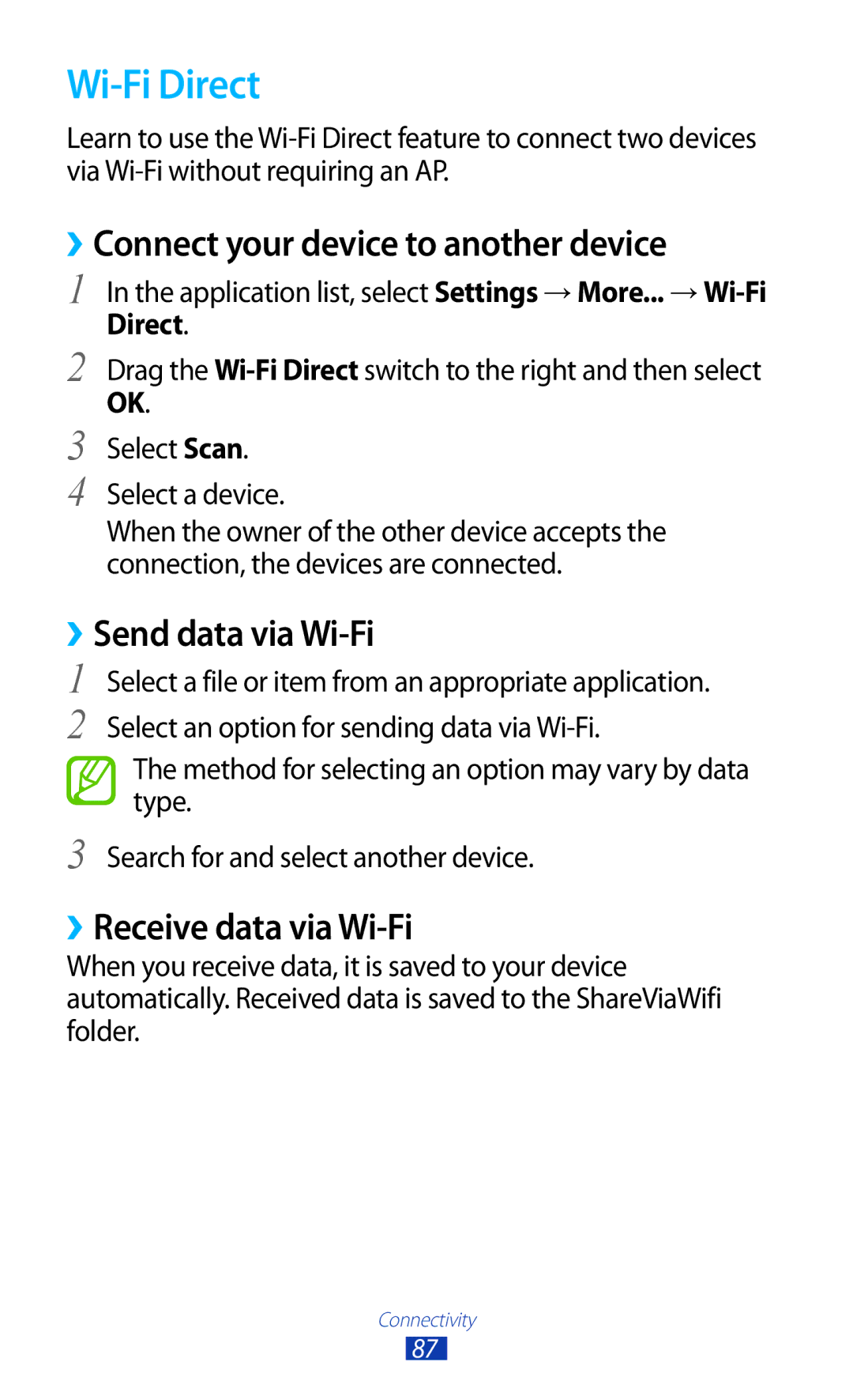 Samsung GT-P6210UWASER, GT-P6210ZWAXEF manual Wi-Fi Direct, ››Connect your device to another device, ››Send data via Wi-Fi 