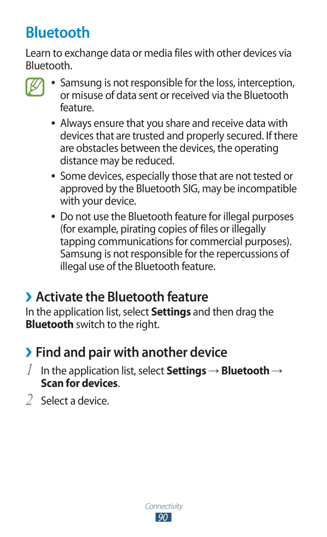 Samsung GT-P6210MAASER manual ››Activate the Bluetooth feature, ››Find and pair with another device, Scan for devices 