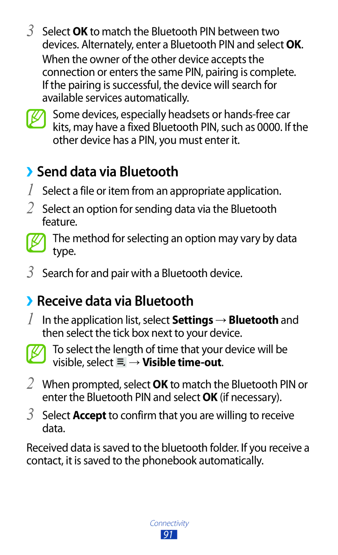 Samsung GT-P6210ZWAXEF, GT-P6210MAAXEF, GT-P6210UWAXEF manual ››Send data via Bluetooth, ››Receive data via Bluetooth 