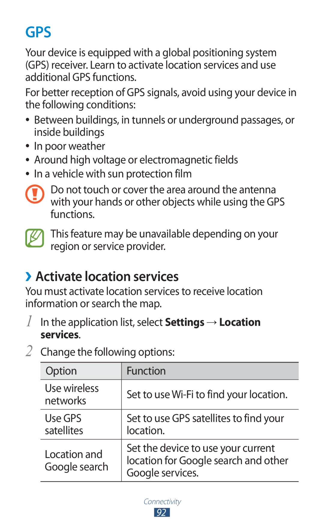 Samsung GT-P6210MAAXEF, GT-P6210ZWAXEF, GT-P6210UWAXEF, GT-P6210ZWAFOP, GT-P6210UWAFOP manual ››Activate location services 