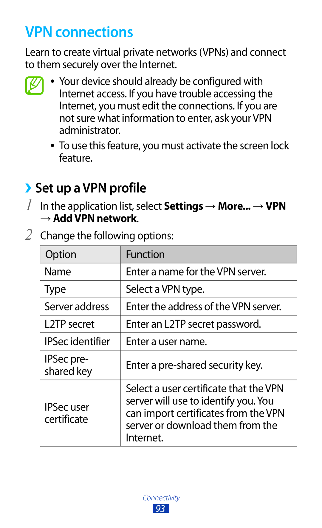 Samsung GT-P6210UWAXEF, GT-P6210ZWAXEF, GT-P6210MAAXEF, GT-P6210ZWAFOP manual VPN connections, ››Set up a VPN profile 