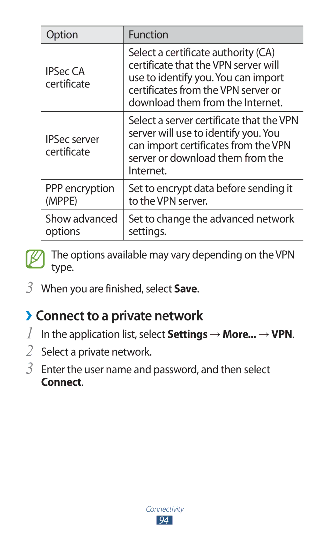 Samsung GT-P6210ZWAFOP, GT-P6210ZWAXEF ››Connect to a private network, IPSec server Server will use to identify you. You 