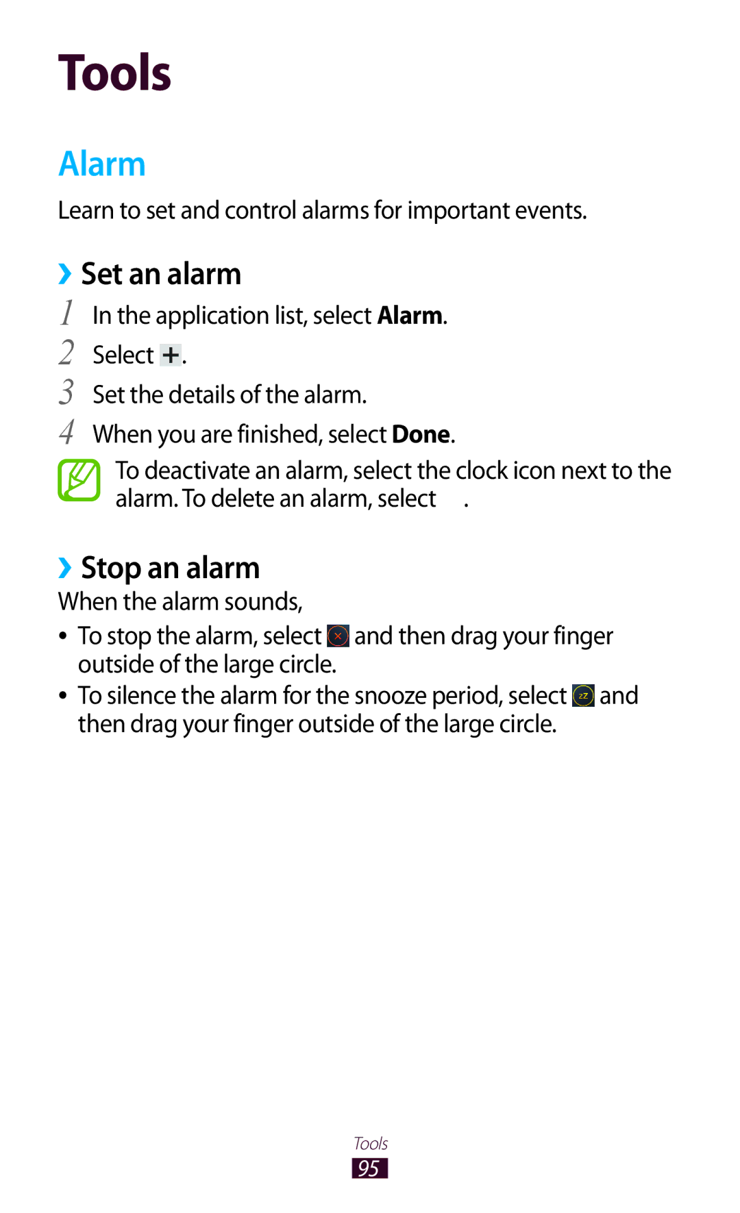 Samsung GT-P6210UWAFOP manual Alarm, ››Set an alarm, ››Stop an alarm, Learn to set and control alarms for important events 