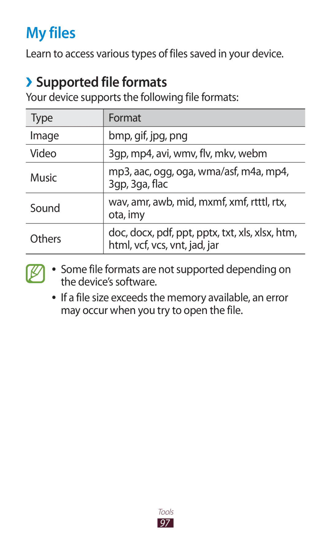 Samsung GT-P6210UWABGL My files, ››Supported file formats, Learn to access various types of files saved in your device 