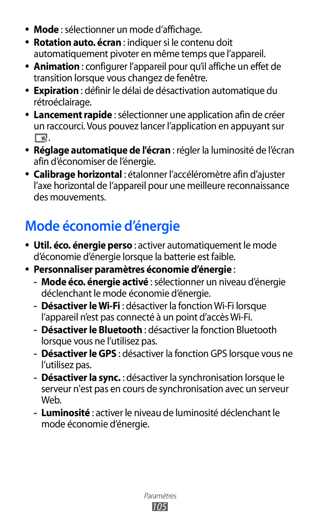 Samsung GT-P6210ZWAXEF, GT-P6210MAAXEF, GT-P6210UWAXEF Mode économie d’énergie, Mode sélectionner un mode d’affichage, 105 