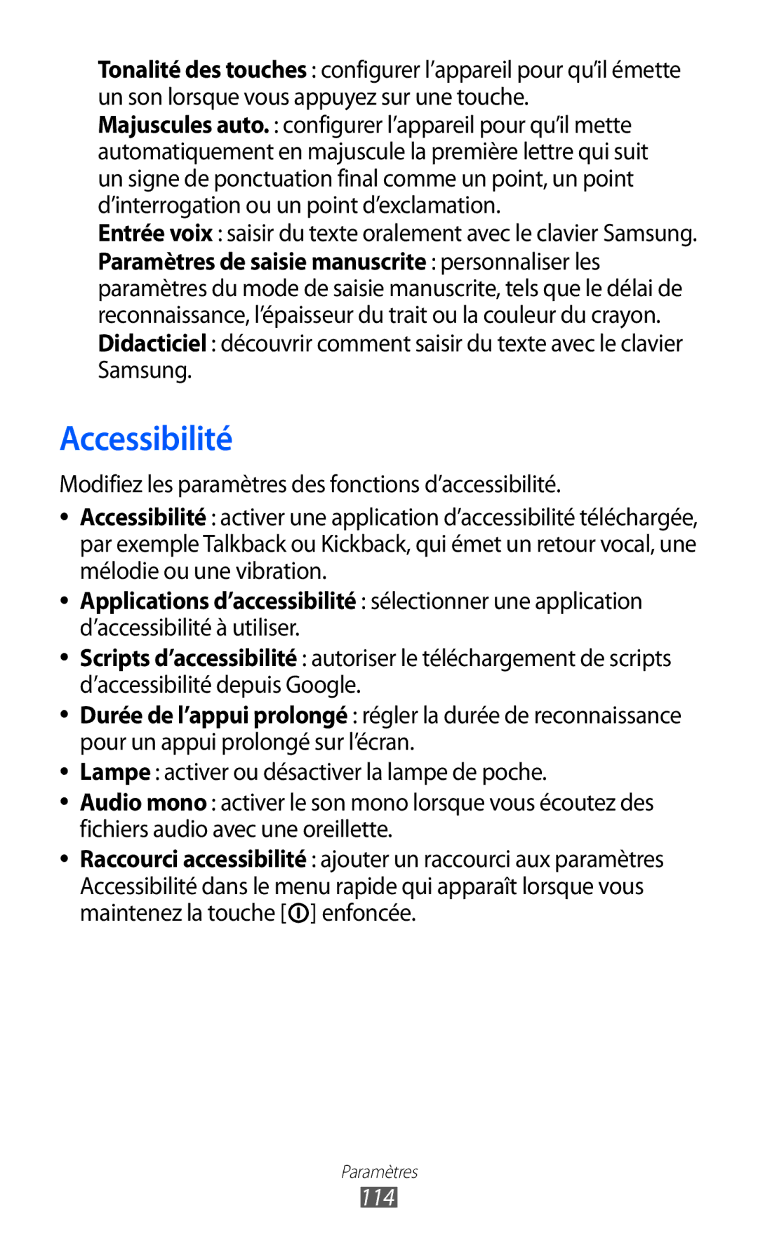 Samsung GT-P6210ZWAXEF, GT-P6210MAAXEF, GT-P6210UWAXEF manual Accessibilité, 114 