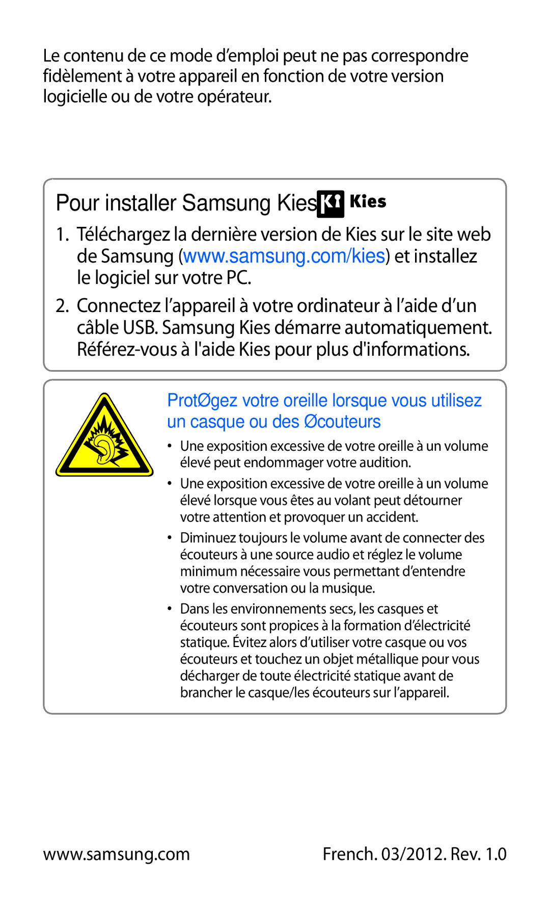 Samsung GT-P6210UWAXEF, GT-P6210ZWAXEF, GT-P6210MAAXEF manual Pour installer Samsung Kies 