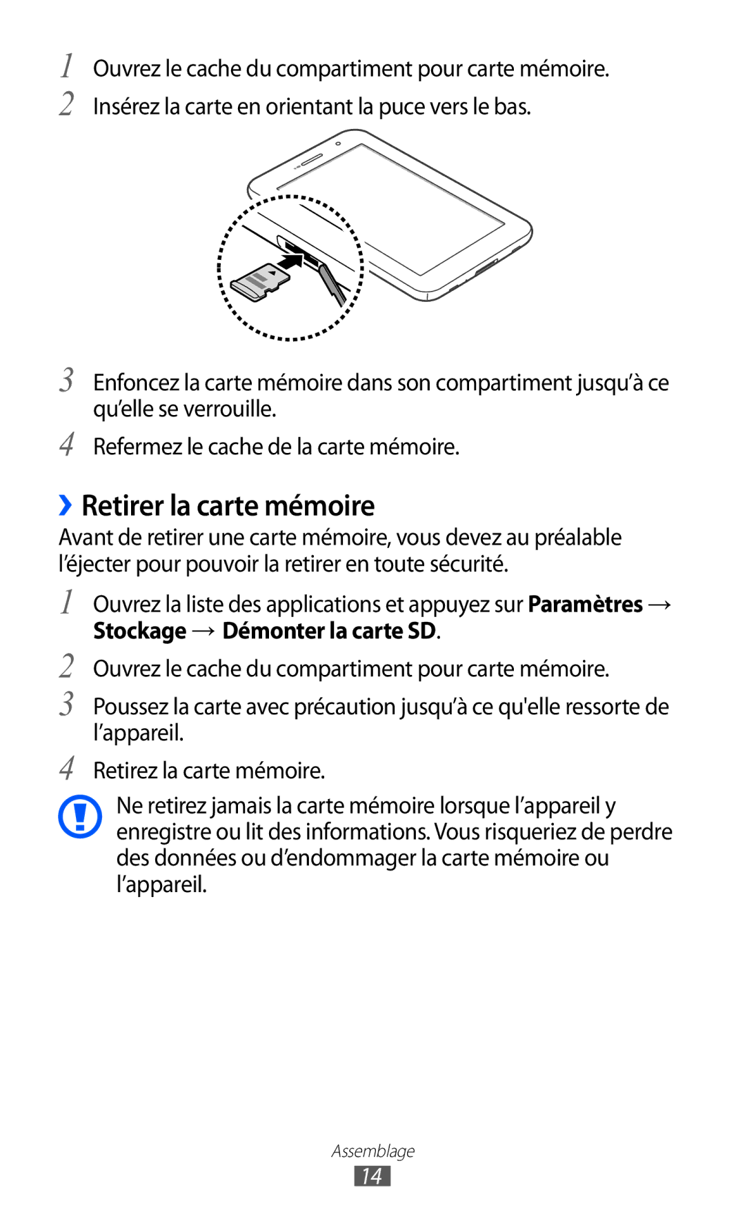 Samsung GT-P6210UWAXEF, GT-P6210ZWAXEF, GT-P6210MAAXEF manual ››Retirer la carte mémoire, Stockage → Démonter la carte SD 