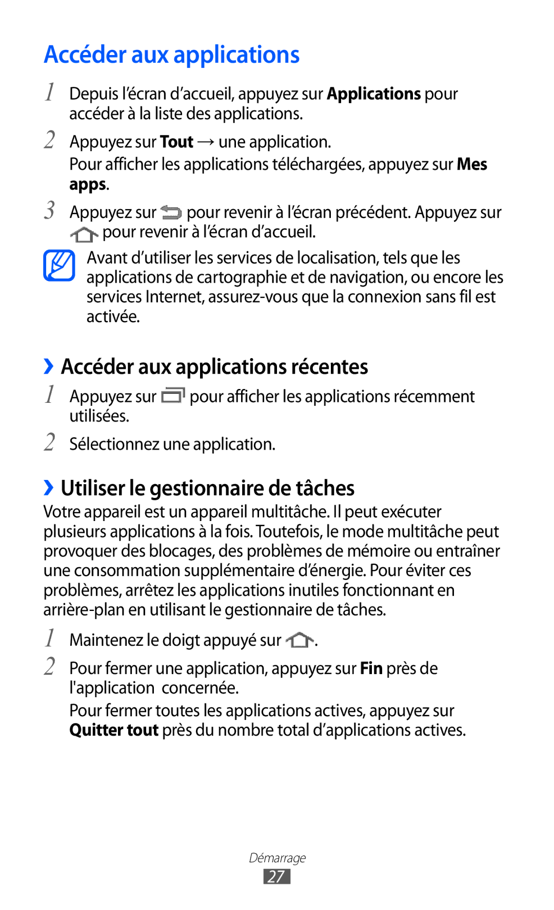 Samsung GT-P6210ZWAXEF, GT-P6210MAAXEF manual ››Accéder aux applications récentes, ››Utiliser le gestionnaire de tâches 