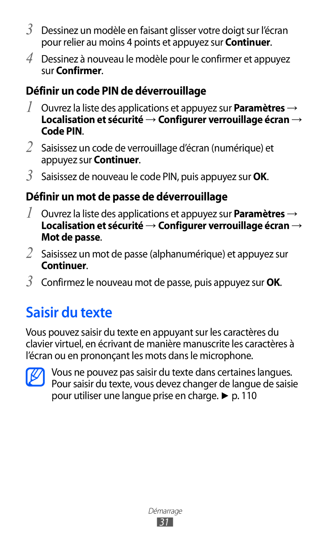 Samsung GT-P6210MAAXEF manual Saisir du texte, Dessinez à nouveau le modèle pour le confirmer et appuyez, Sur Confirmer 