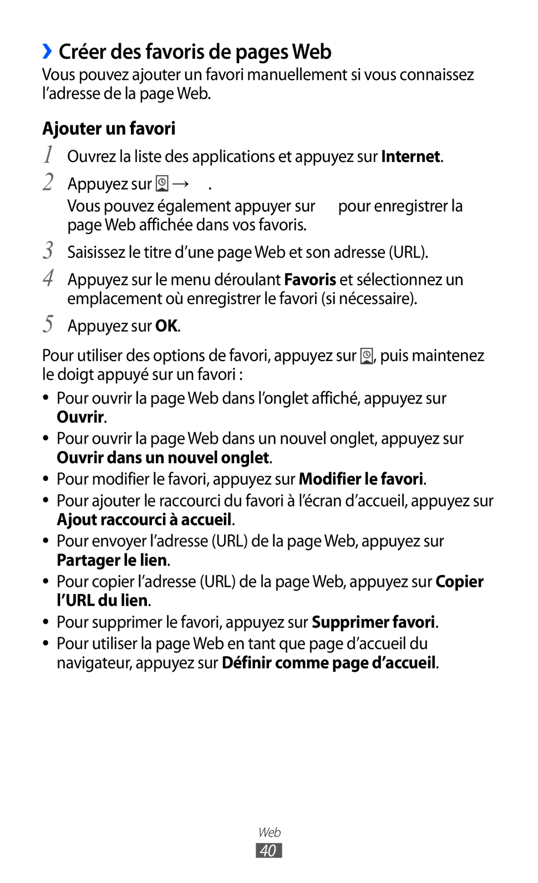 Samsung GT-P6210MAAXEF, GT-P6210ZWAXEF, GT-P6210UWAXEF manual ››Créer des favoris de pages Web, ’URL du lien 