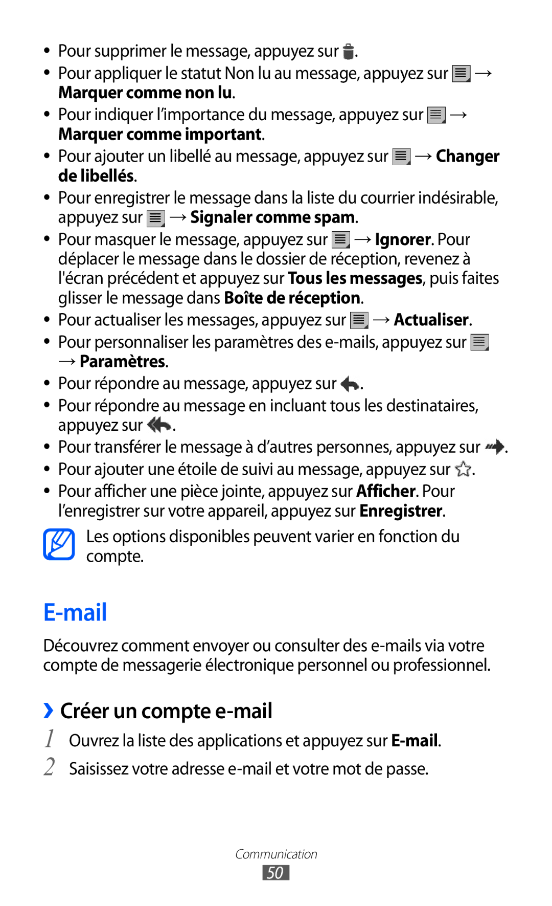 Samsung GT-P6210UWAXEF manual Mail, ››Créer un compte e-mail, Pour supprimer le message, appuyez sur, Marquer comme non lu 