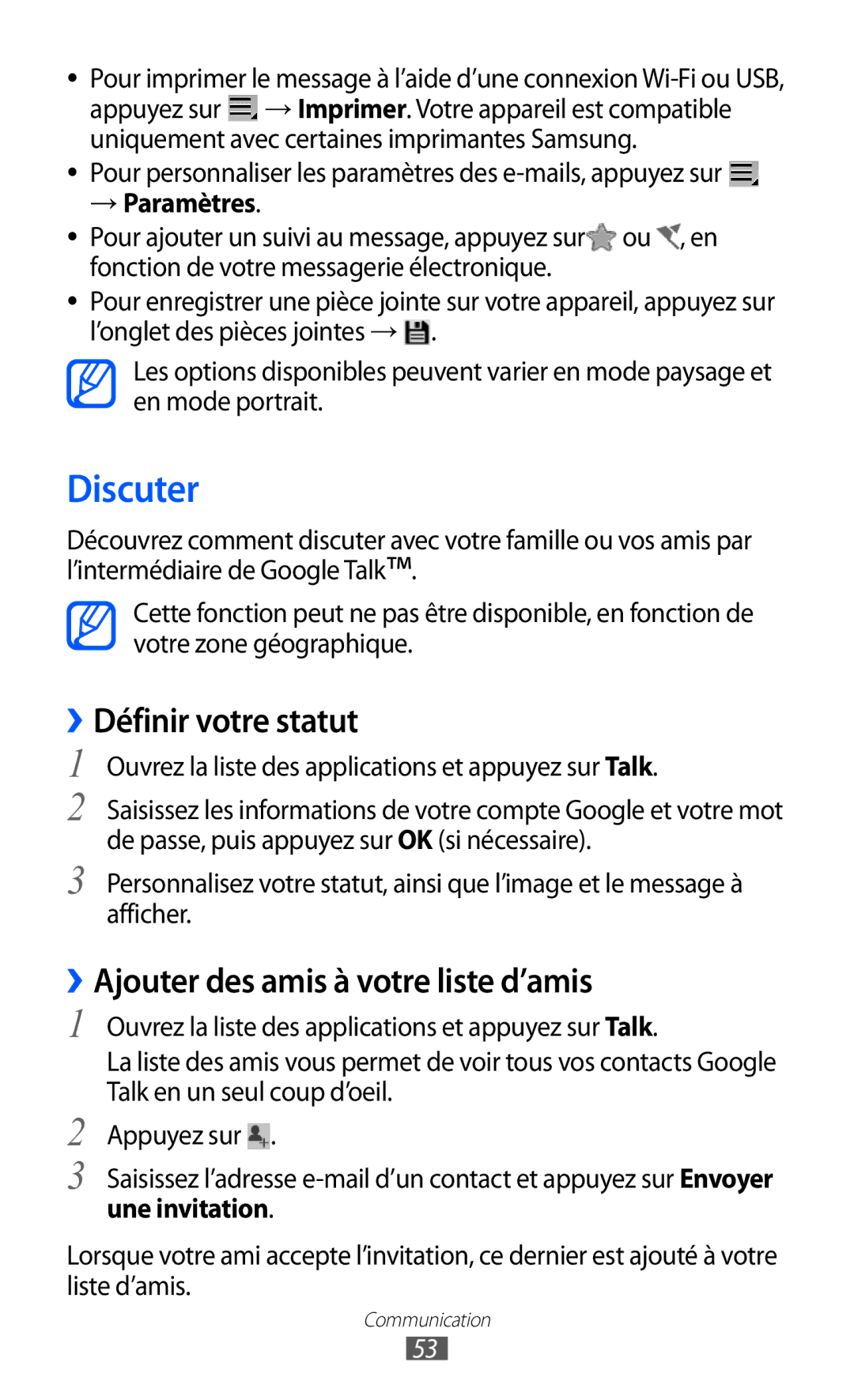 Samsung GT-P6210UWAXEF, GT-P6210ZWAXEF manual Discuter, ››Définir votre statut, ››Ajouter des amis à votre liste d’amis 