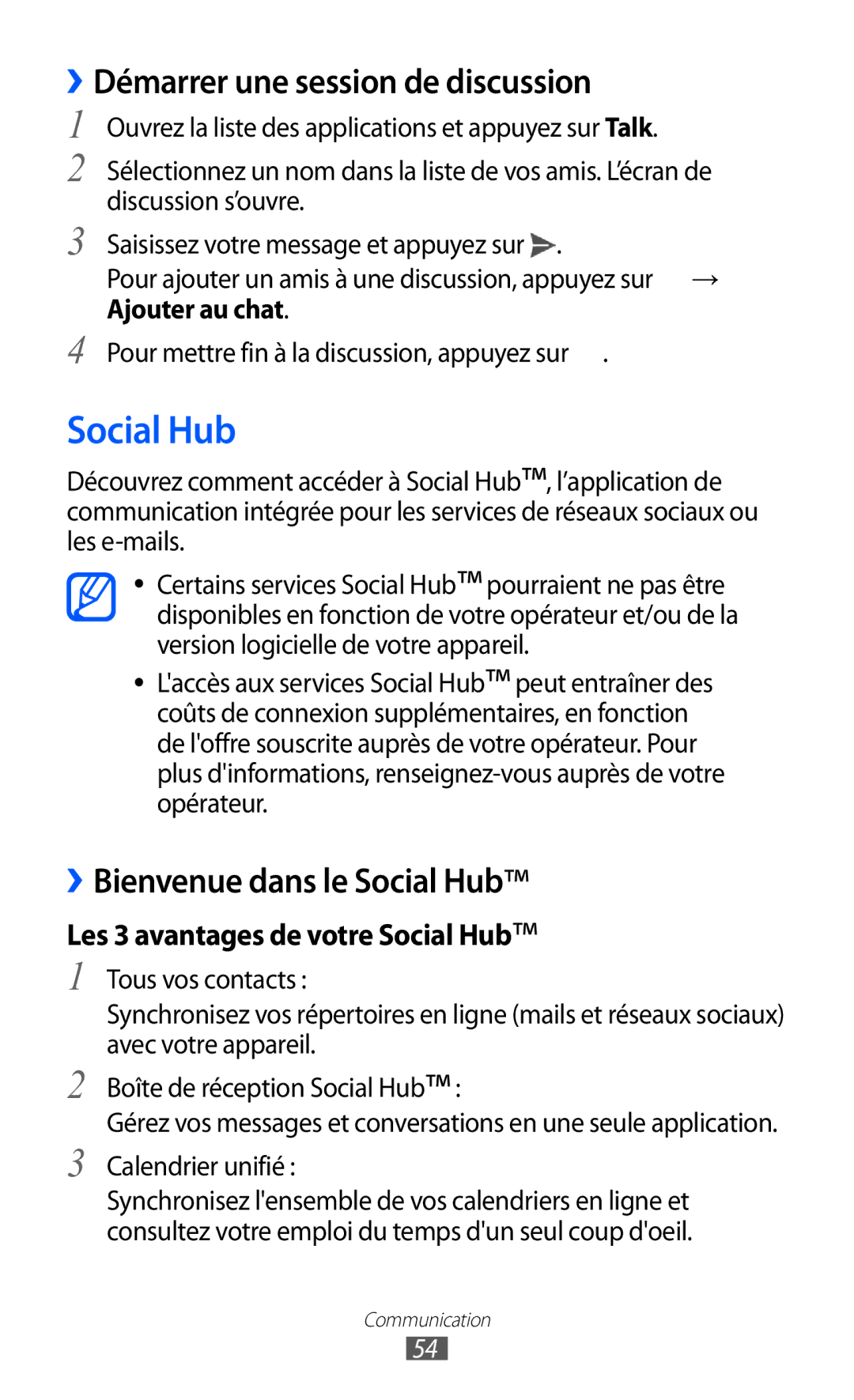 Samsung GT-P6210ZWAXEF, GT-P6210MAAXEF, GT-P6210UWAXEF Social Hub, ››Démarrer une session de discussion, Calendrier unifié 