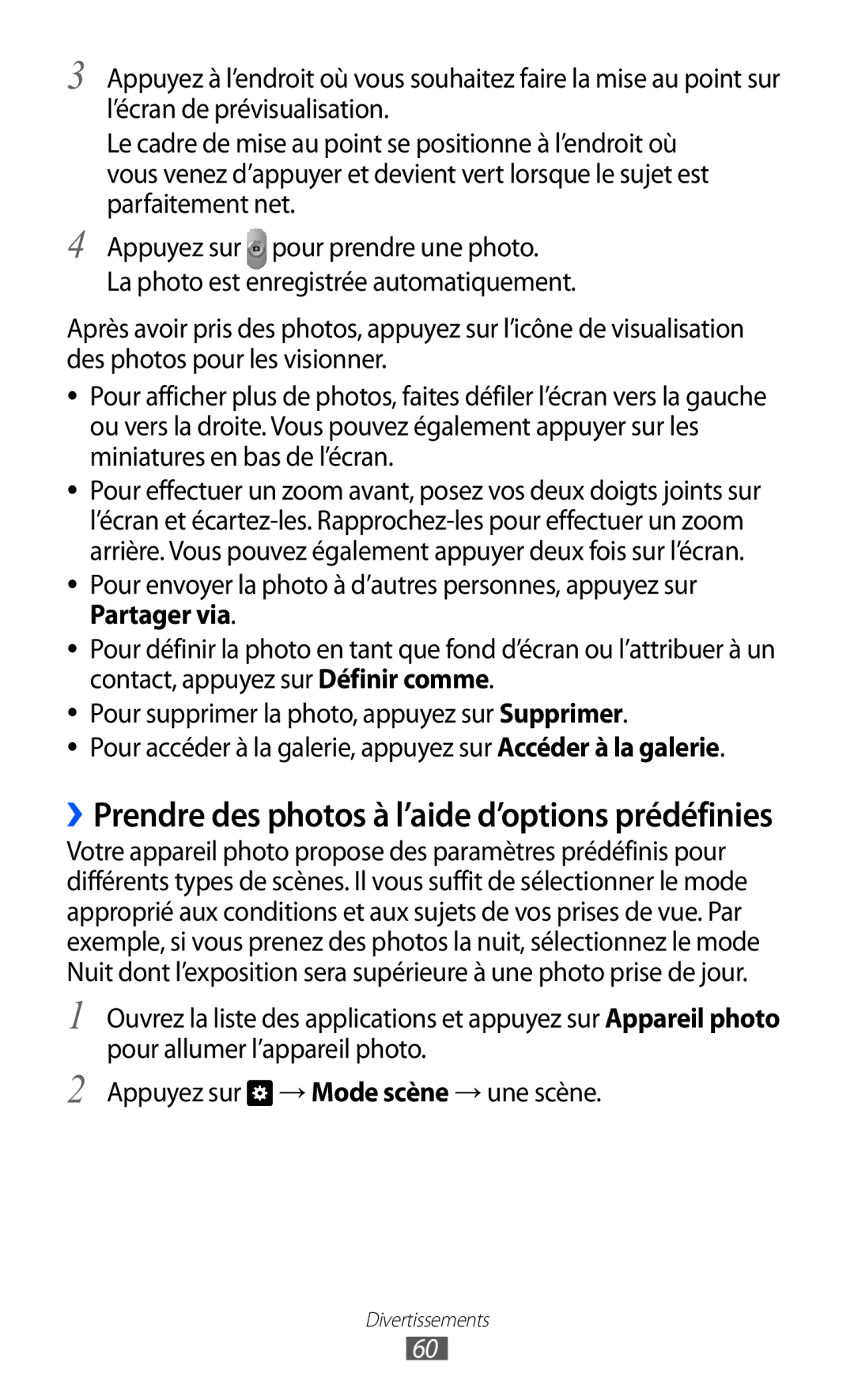 Samsung GT-P6210ZWAXEF, GT-P6210MAAXEF, GT-P6210UWAXEF manual ››Prendre des photos à l’aide d’options prédéfinies 