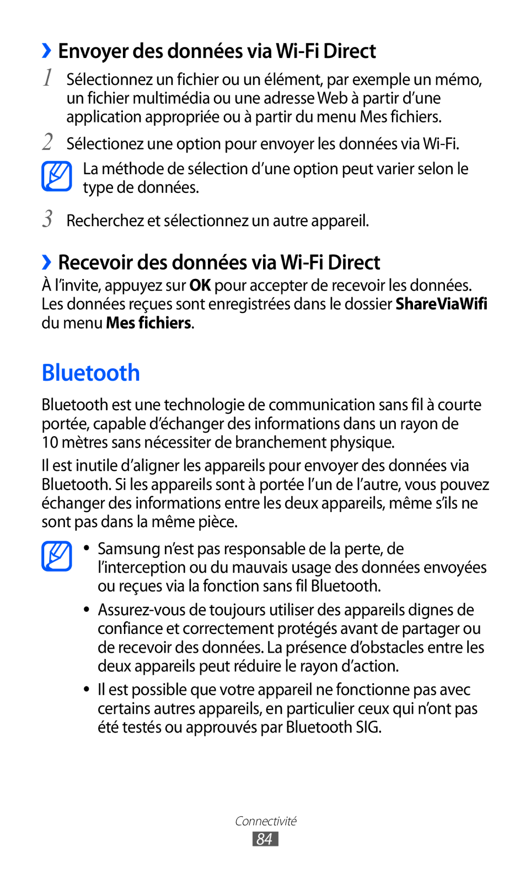 Samsung GT-P6210ZWAXEF manual Bluetooth, ››Envoyer des données via Wi-Fi Direct, ››Recevoir des données via Wi-Fi Direct 