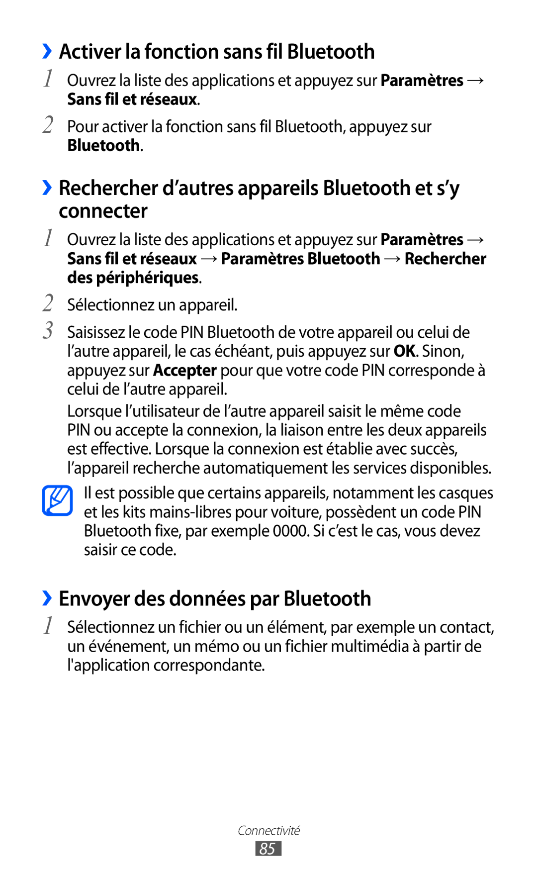 Samsung GT-P6210MAAXEF, GT-P6210ZWAXEF manual ››Activer la fonction sans fil Bluetooth, ››Envoyer des données par Bluetooth 