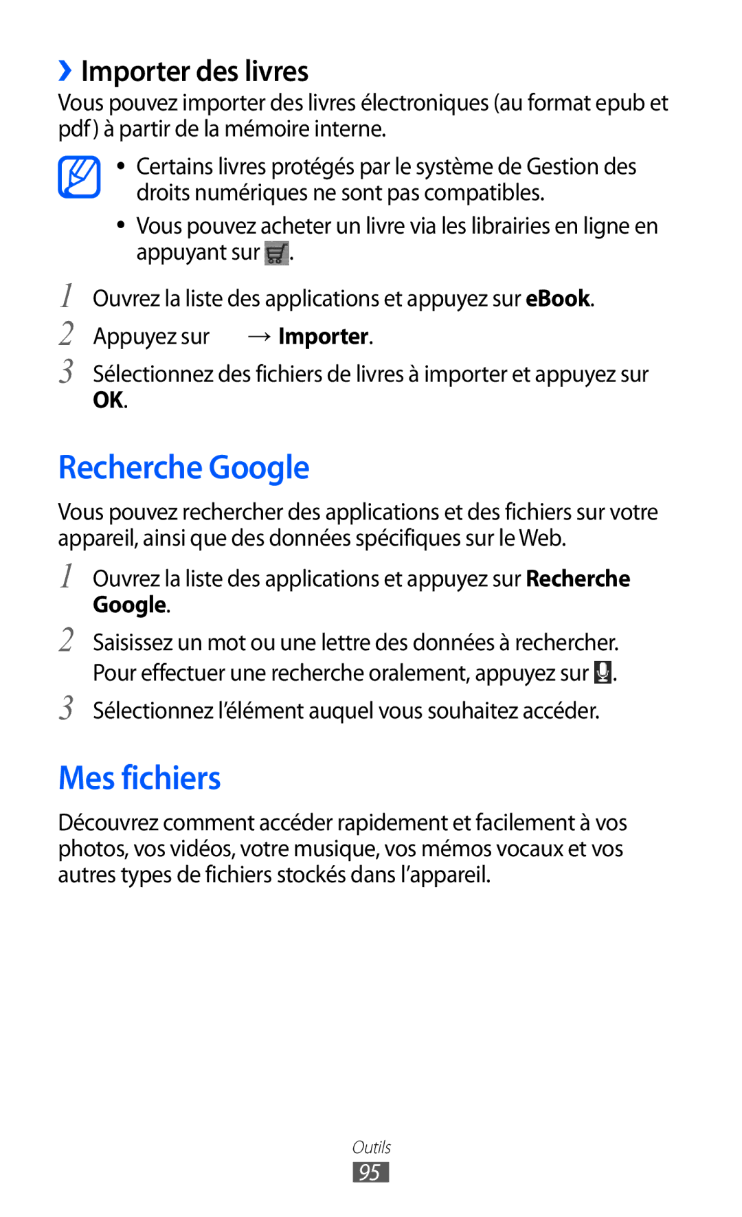 Samsung GT-P6210UWAXEF, GT-P6210ZWAXEF, GT-P6210MAAXEF manual Recherche Google, Mes fichiers, ››Importer des livres 