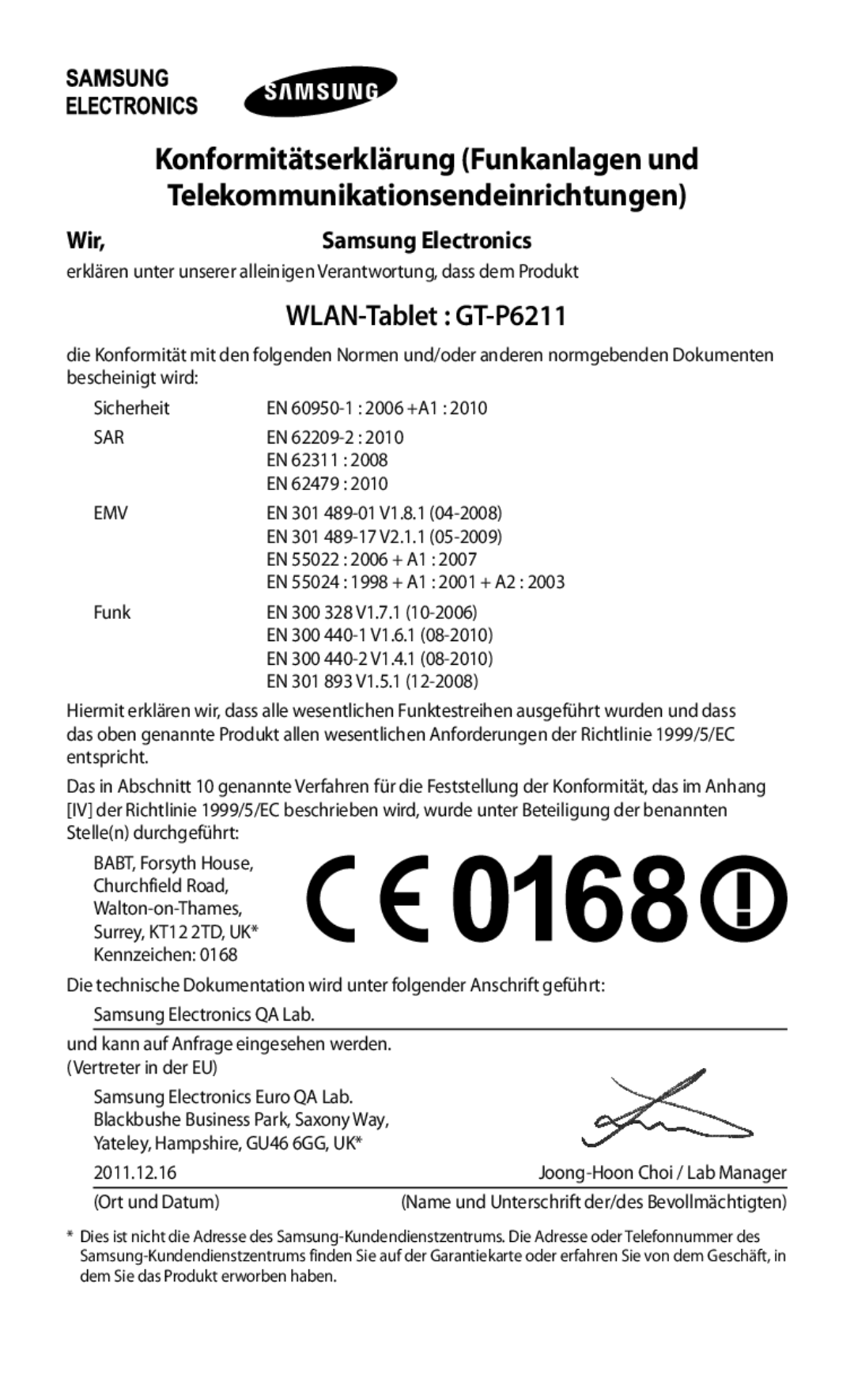 Samsung GT-P6211UWADBT, GT-P6211MAADBT manual Konformitätserklärung Funkanlagen und, Wir 