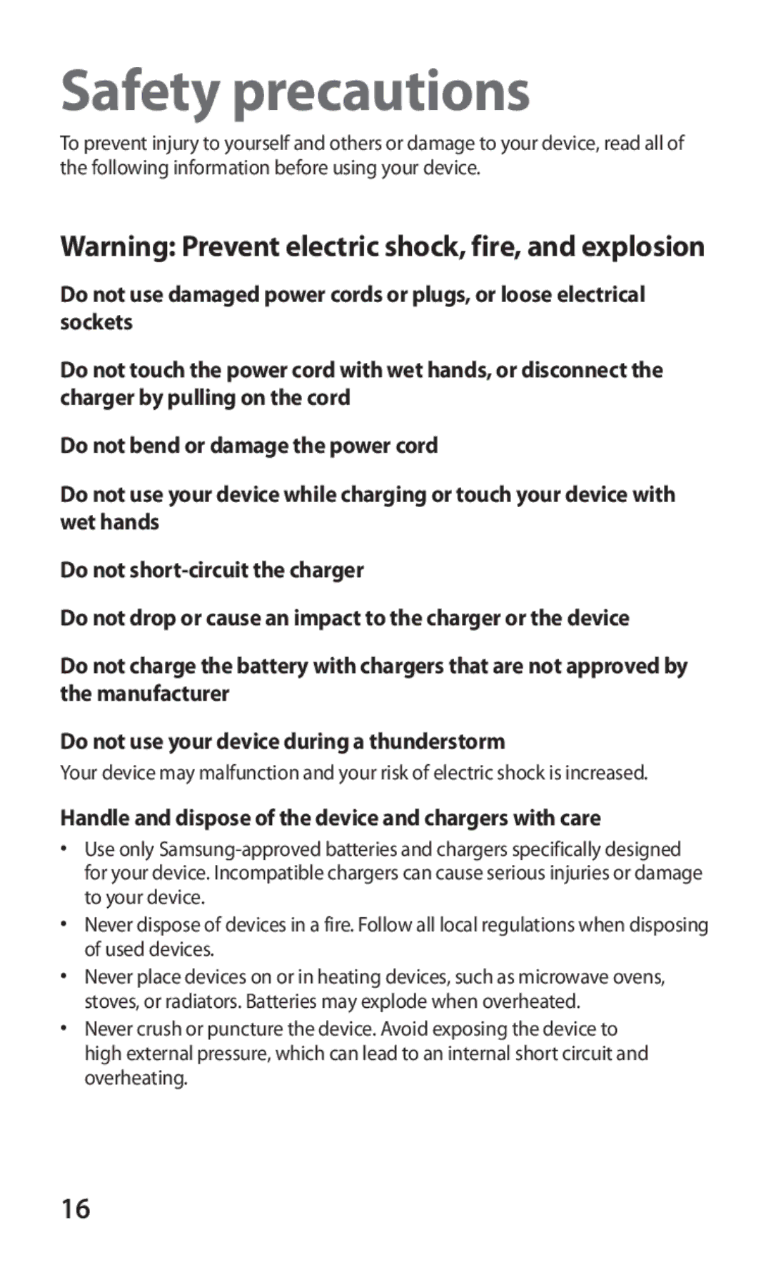 Samsung GT-P6211UWADBT, GT-P6211MAADBT manual Safety precautions, Handle and dispose of the device and chargers with care 