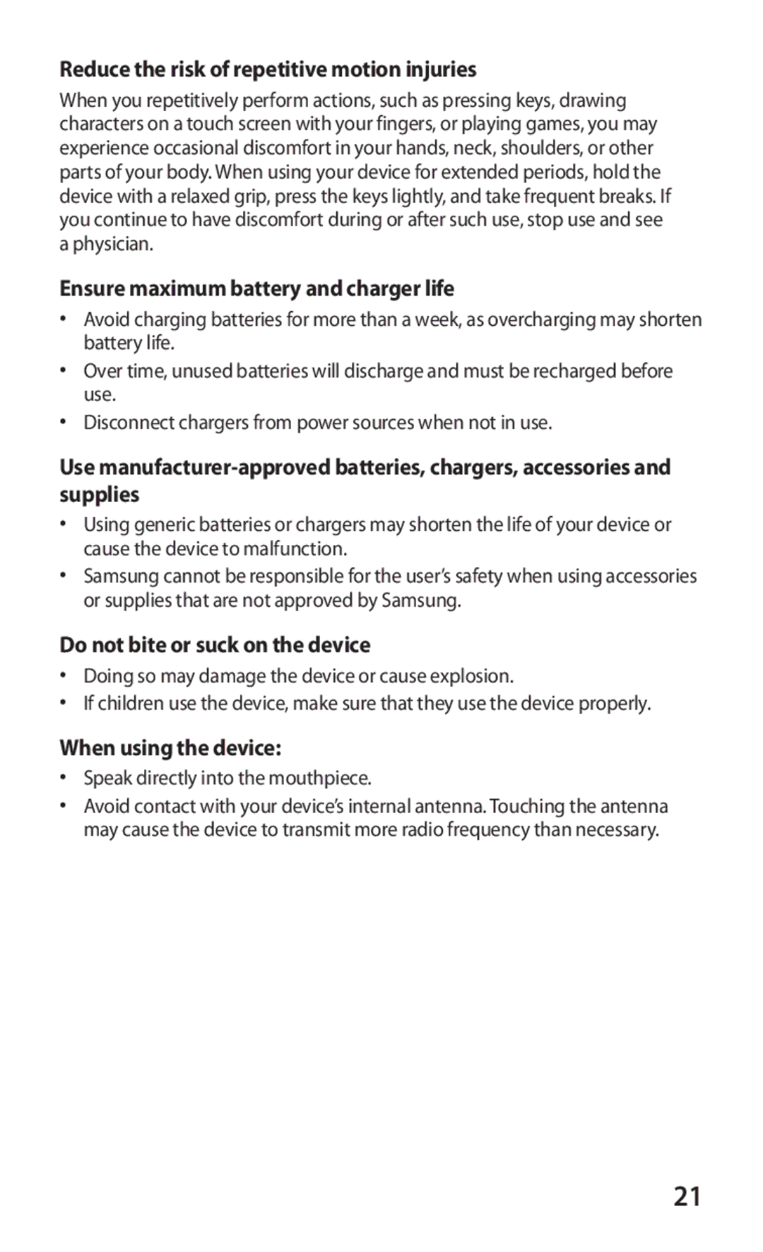 Samsung GT-P6211MAADBT manual Reduce the risk of repetitive motion injuries, Ensure maximum battery and charger life 