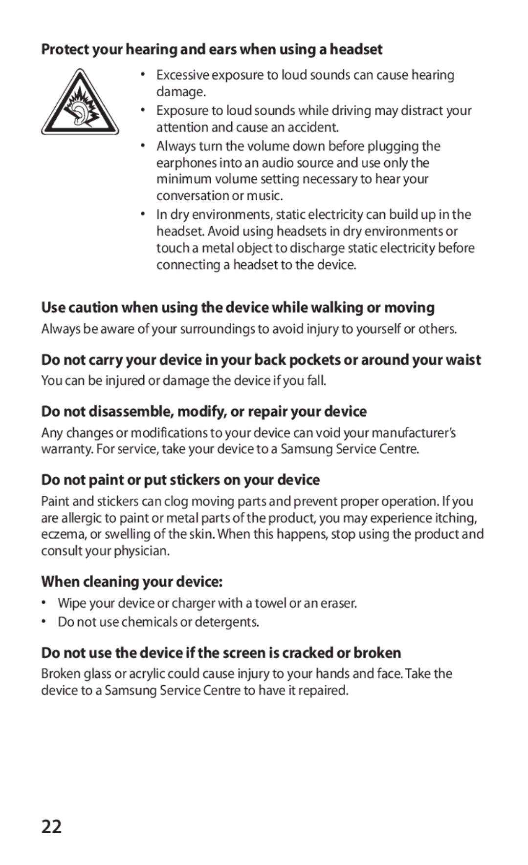 Samsung GT-P6211UWADBT Protect your hearing and ears when using a headset, Do not paint or put stickers on your device 