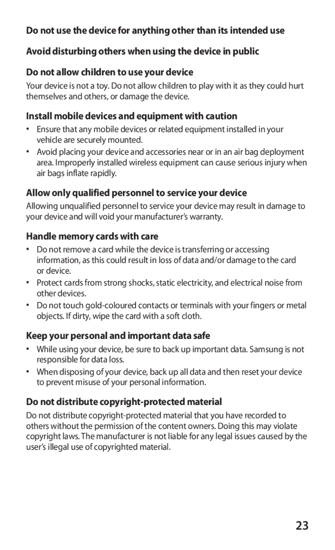 Samsung GT-P6211MAADBT manual Do not allow children to use your device, Install mobile devices and equipment with caution 