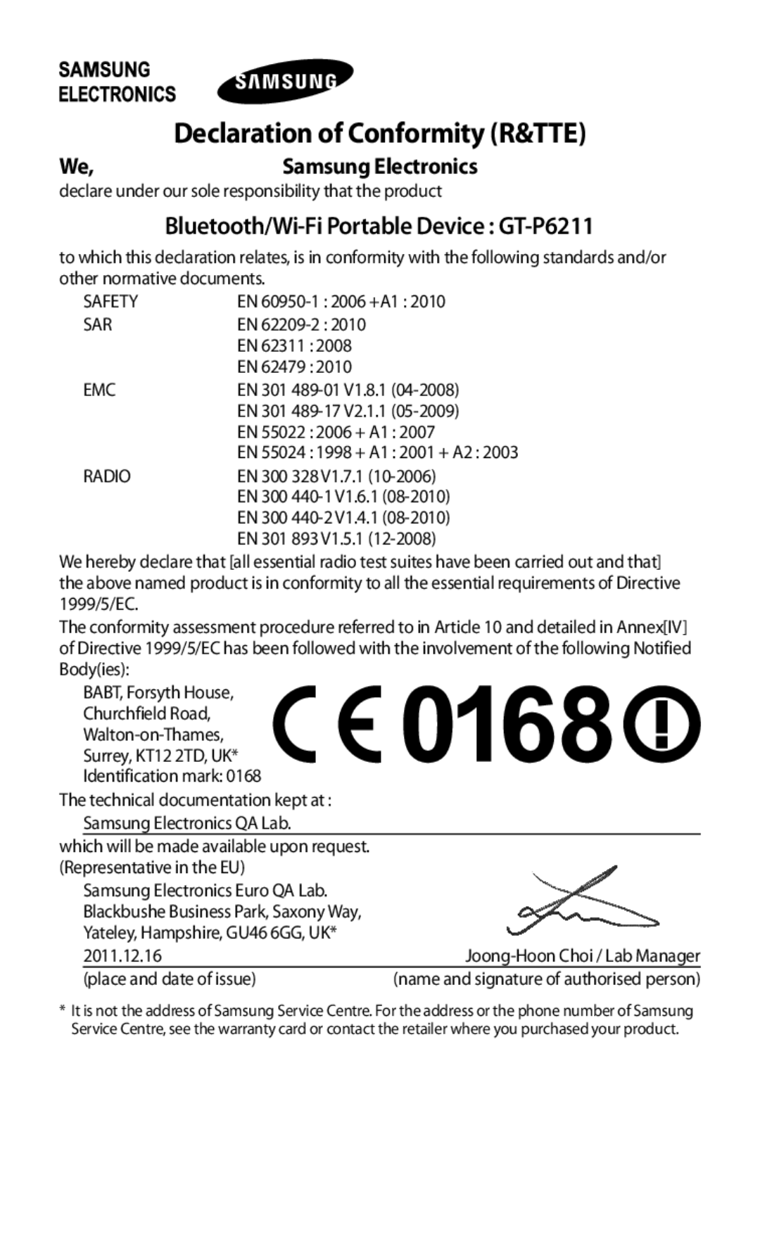 Samsung GT-P6211UWADBT, GT-P6211MAADBT manual Declaration of Conformity R&TTE 