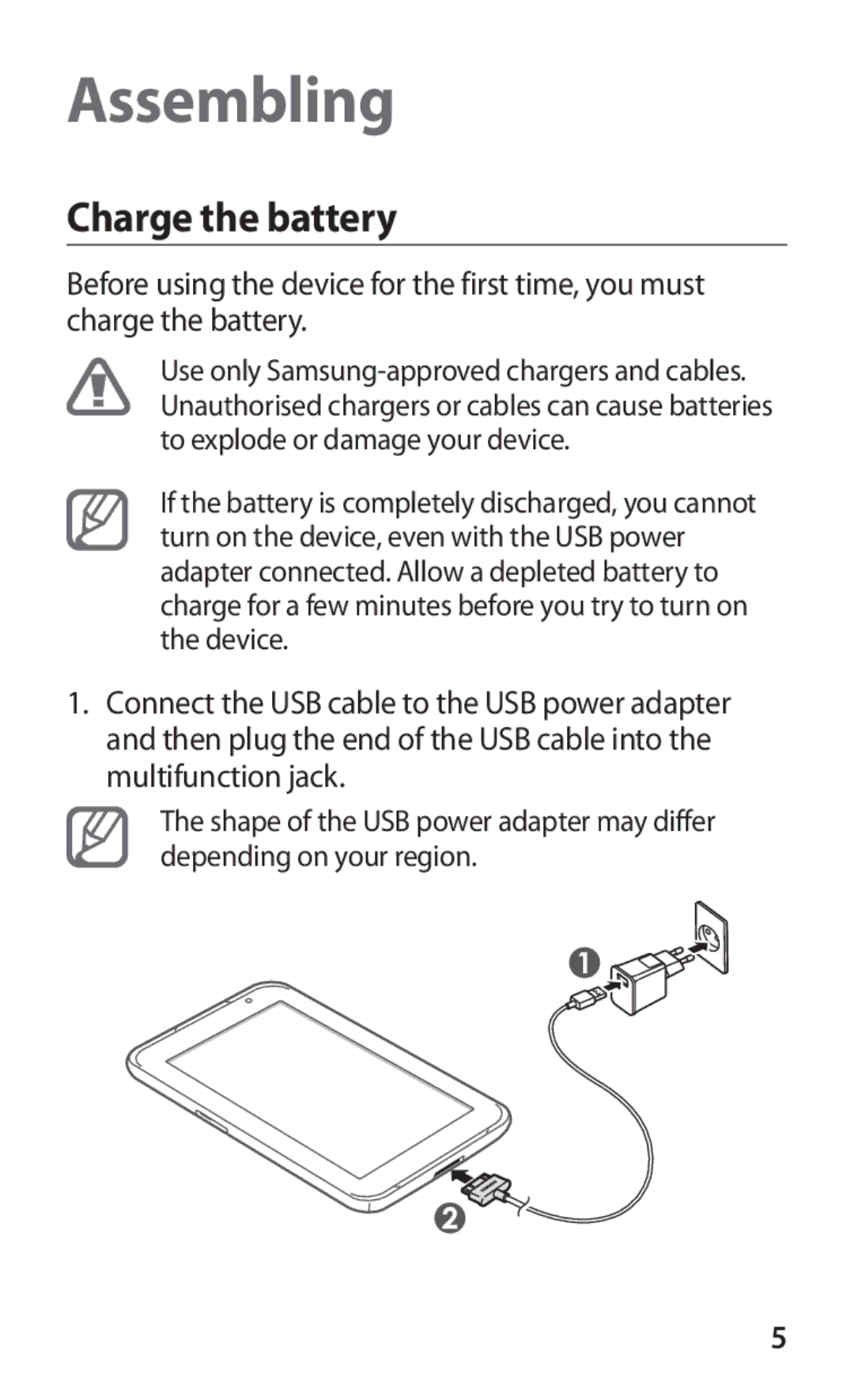 Samsung GT-P6211MAADBT, GT-P6211UWADBT manual Assembling, Charge the battery 