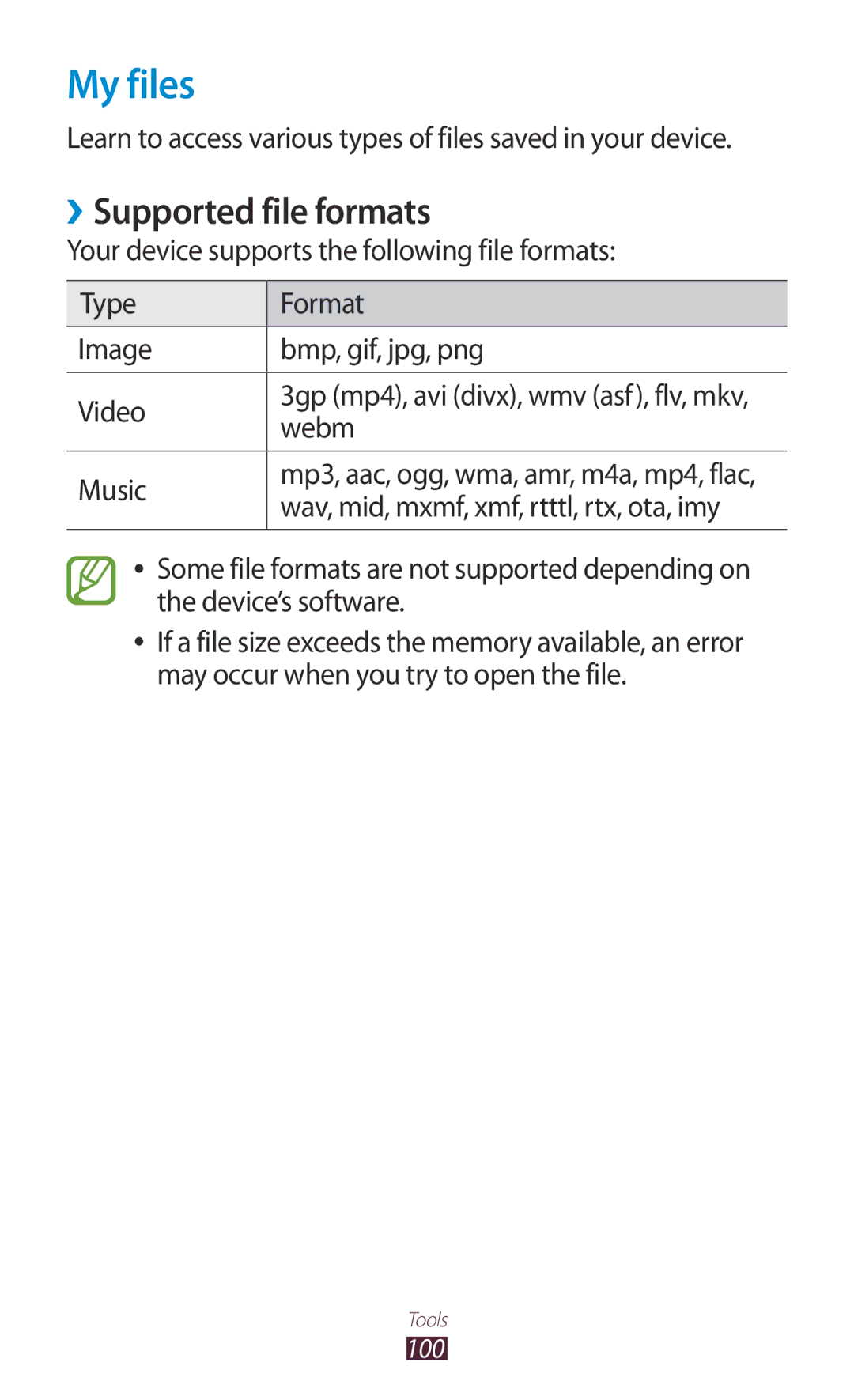 Samsung GT-P6211UWADBT, GT-P6211MAADBT manual My files, ››Supported file formats 