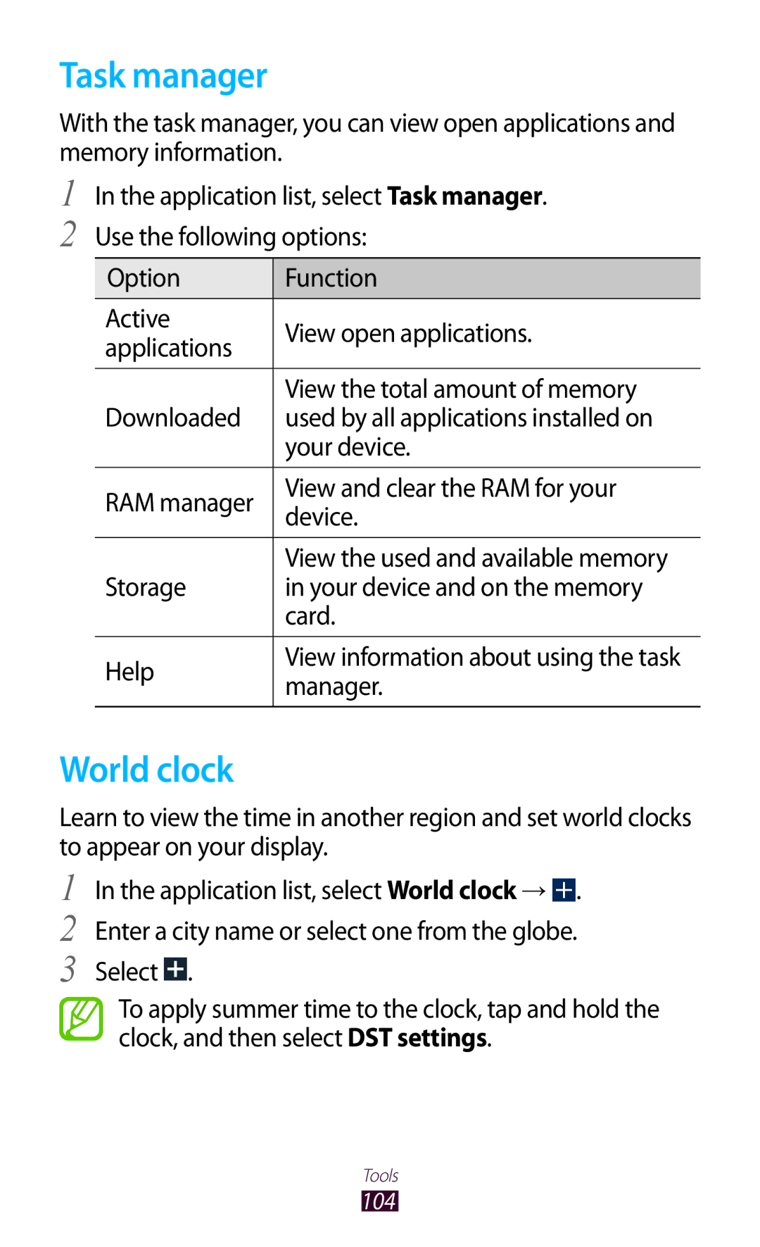 Samsung GT-P6211UWADBT, GT-P6211MAADBT manual Task manager, World clock, Manager 