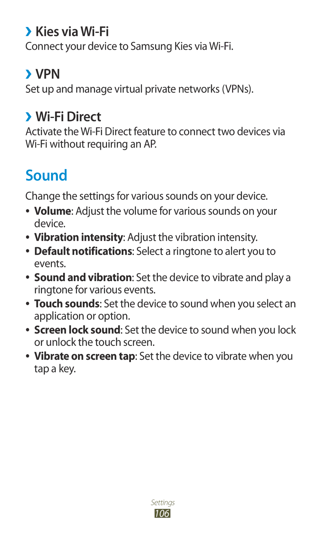 Samsung GT-P6211UWADBT manual Sound, ››Kies via Wi-Fi, ››Wi-Fi Direct, Connect your device to Samsung Kies via Wi-Fi 