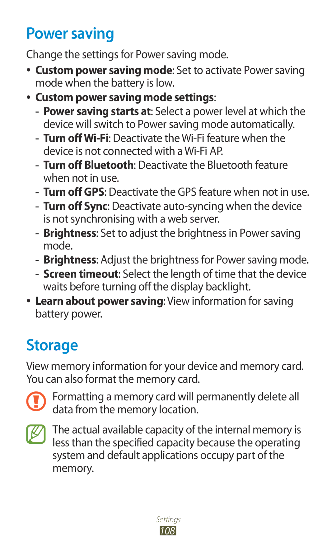 Samsung GT-P6211UWADBT, GT-P6211MAADBT manual Storage, Change the settings for Power saving mode 