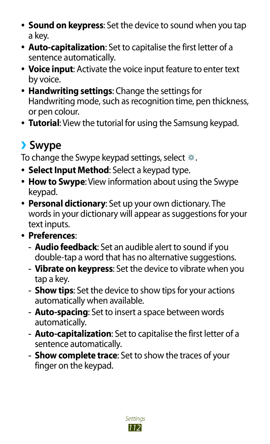Samsung GT-P6211UWADBT, GT-P6211MAADBT manual ››Swype, Preferences 