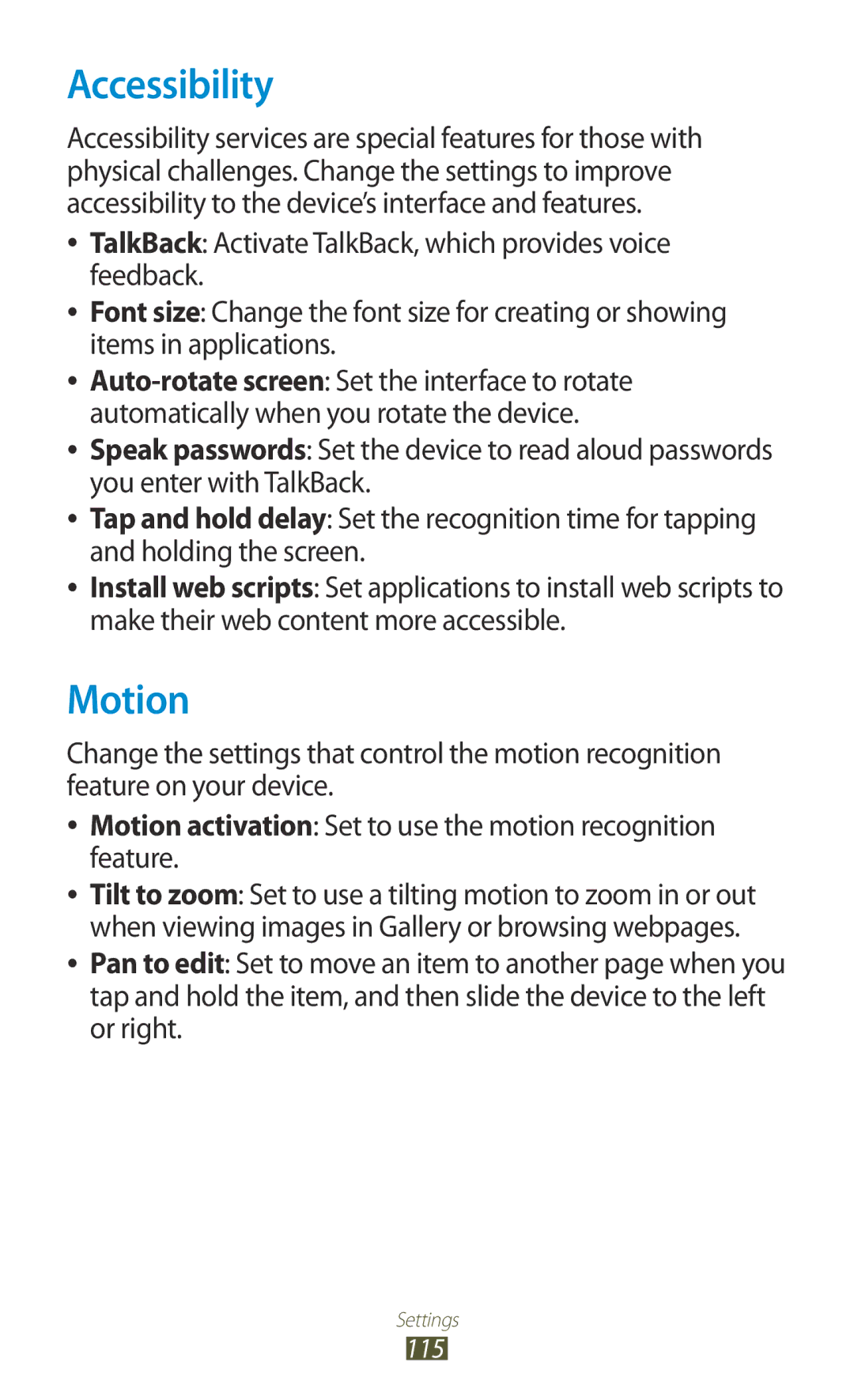 Samsung GT-P6211MAADBT, GT-P6211UWADBT manual Accessibility, Motion 