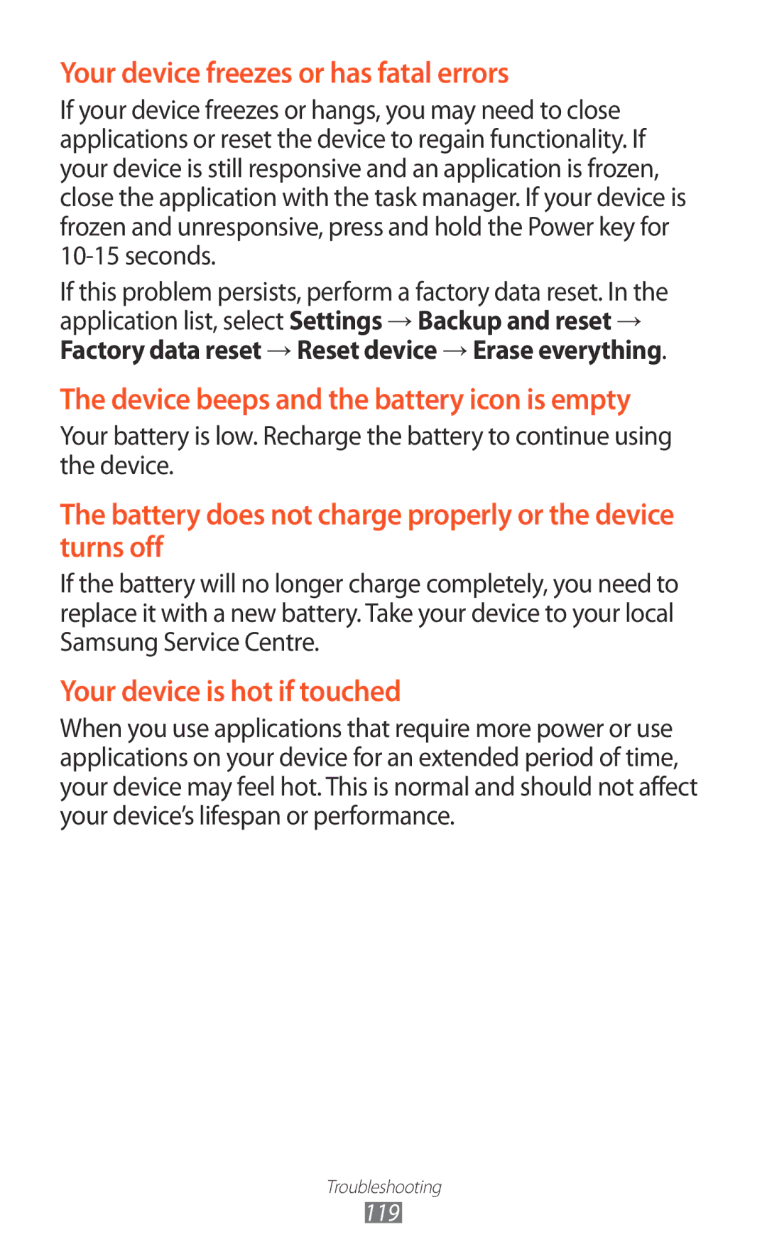 Samsung GT-P6211MAADBT, GT-P6211UWADBT manual Device beeps and the battery icon is empty 