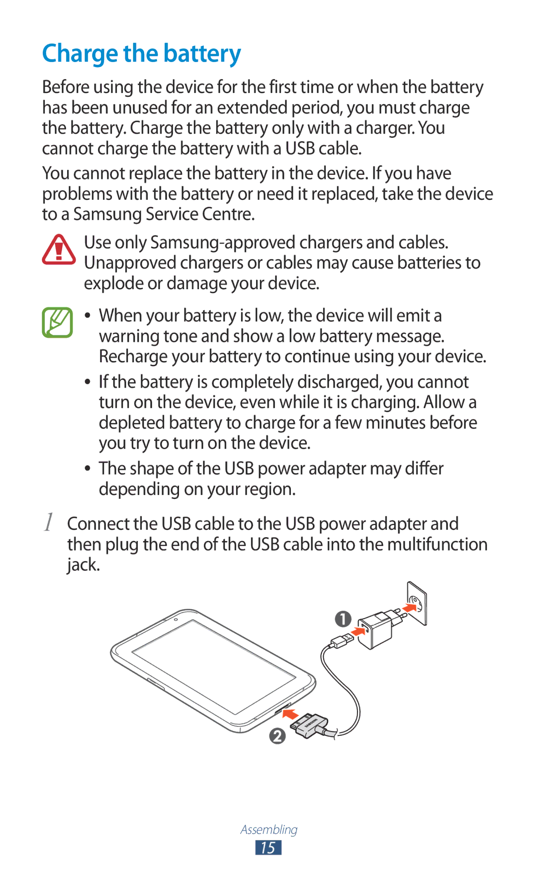 Samsung GT-P6211MAADBT, GT-P6211UWADBT manual Charge the battery 