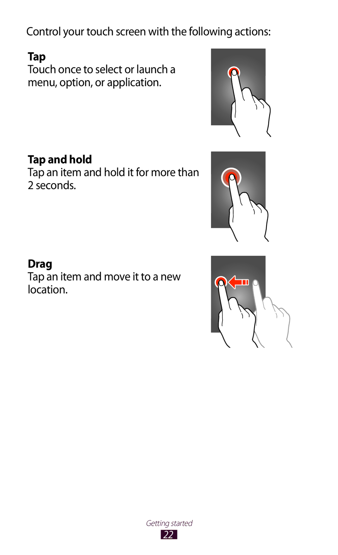 Samsung GT-P6211UWADBT, GT-P6211MAADBT manual Tap and hold, Drag 
